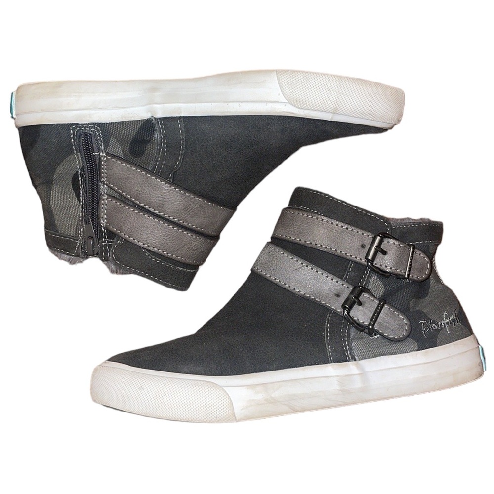 •BLOWFISH•DARK GRAY & GREEN CAMOUFLAGE 2-BUCKLE ZIPPER SIDE  SNEAKERS SIZE 7 EUC